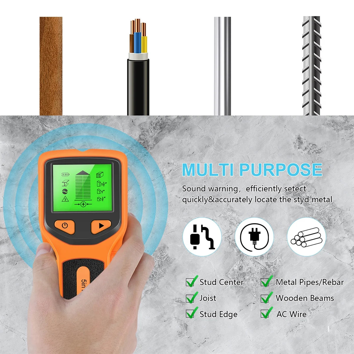 5 in 1 Electric Multifunctional Wall Scanner with Digital LCD Display & Sound Warning for Wood, Metal, Studs, Live AC Wires Magnetic Stud Sensor