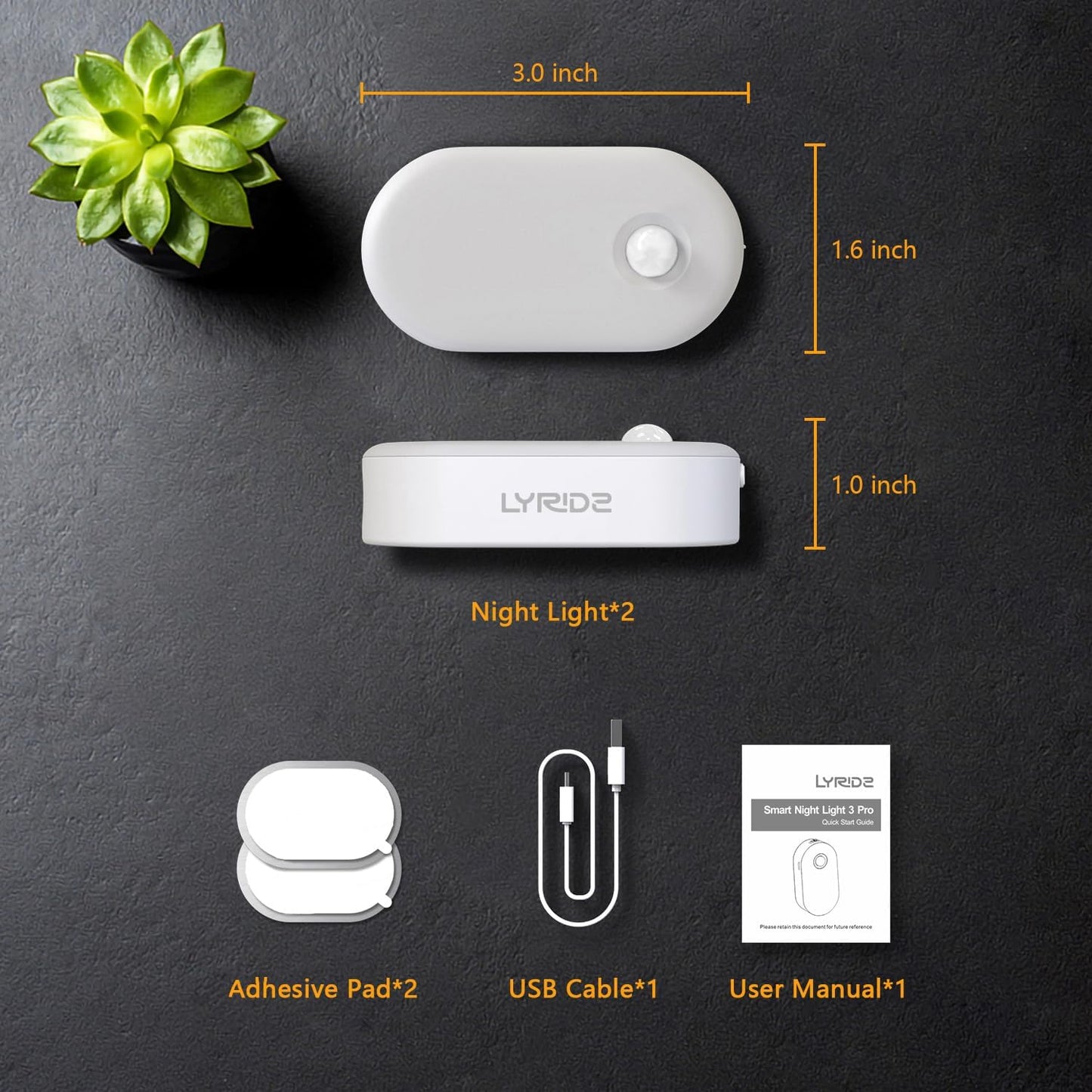 Rechargeable Battery Night Light with Motion Sensor, Portable Mini Warm White LED Stick-On Closet Light, Adjustable Brightness for Bathroom, Bedroom, Kitchen, Cabinet, Stairs, Hallway, 2-Pack