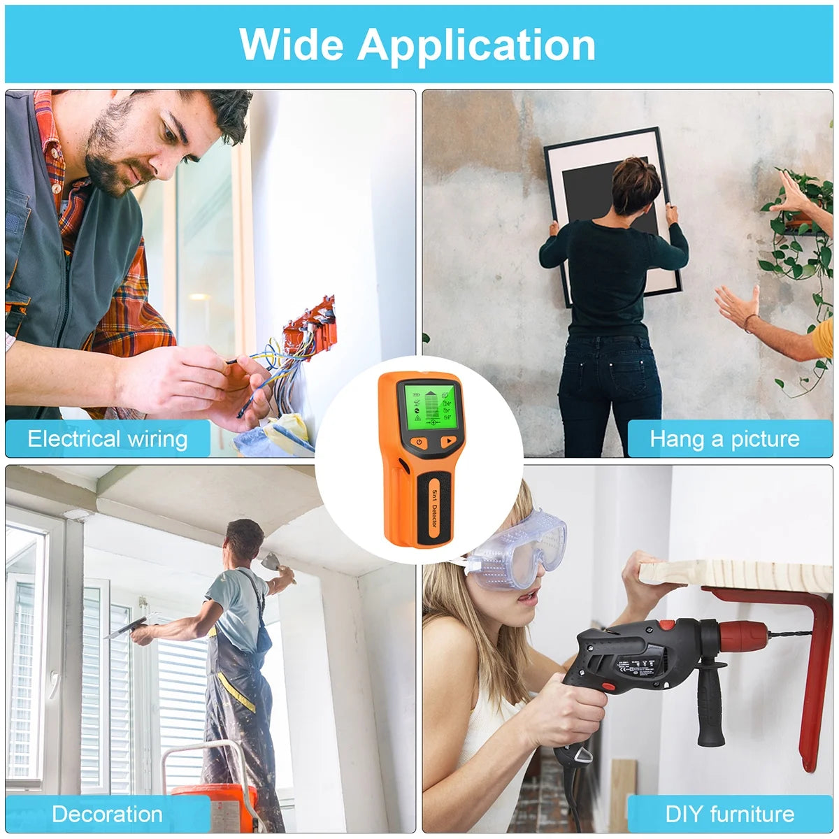 5 in 1 Electric Multifunctional Wall Scanner with Digital LCD Display & Sound Warning for Wood, Metal, Studs, Live AC Wires Magnetic Stud Sensor