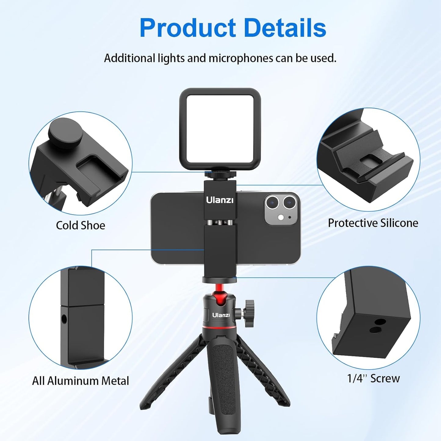 ST-02S Aluminum Phone Tripod Mount W Cold Shoe Mount, Support Vertical and Horizontal, Universal Metal Adjustable Clamp for Iphone 12 11 Pro Xs X Max 8 7 plus Samsung Android Smartphones