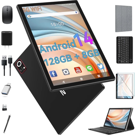 Android 14 Tablet,10 Inch Android Tablet,128Gb+8Gb+1Tb Expand,5G Wifi,Octa-Core,Unisoc T606 Cpu,7000Mah,Bluetooth 5.0,GPS,13MP+8MP Dual Camera,Face Unclock,Hd Display,Touchscreen,Tablet with Keyboard
