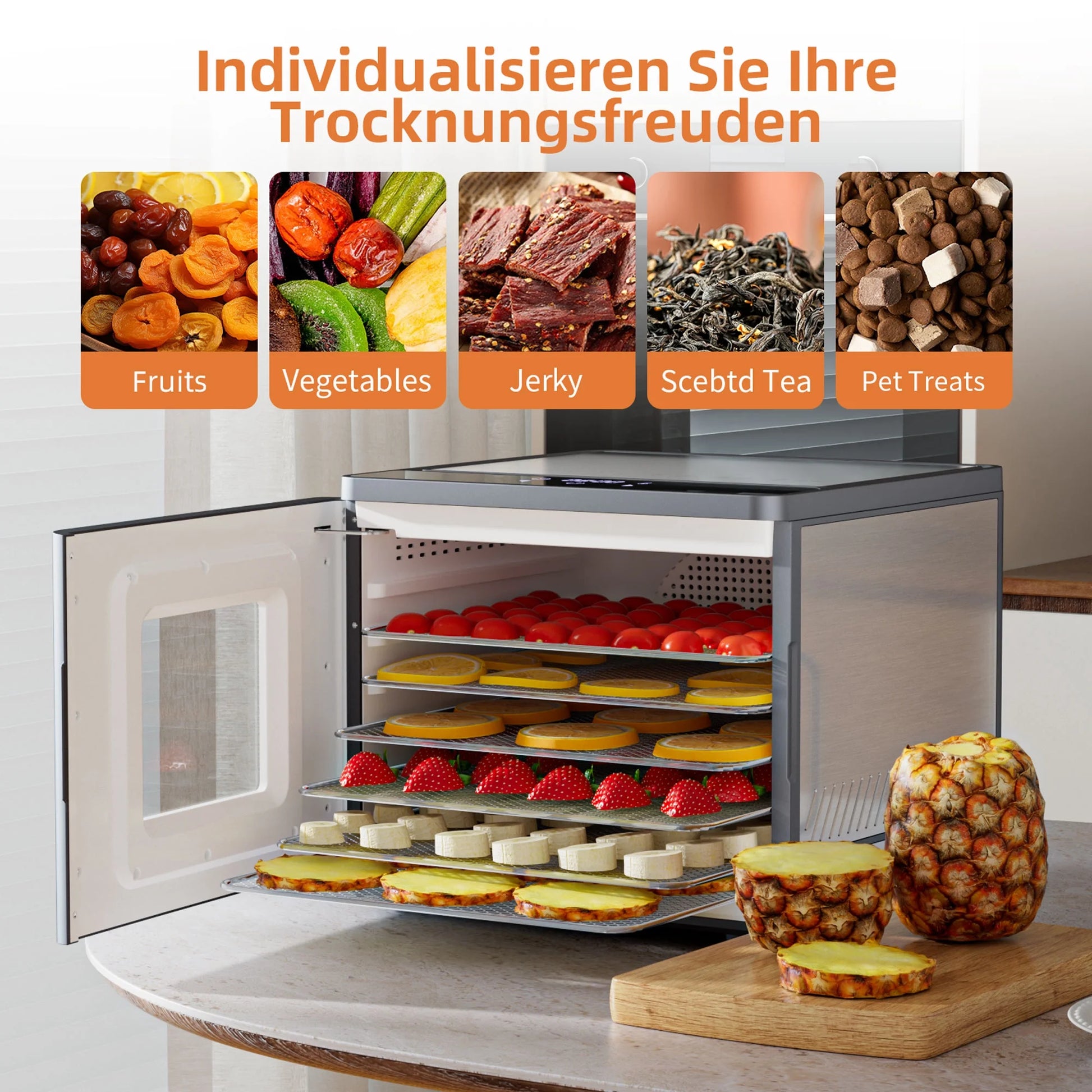 Food Dehydrator Machine with 6 Stainless Steel Trays, Best Timer Temperature Control Machine at Home for Jerky, Herbs, Dog Treats, Meat, Fruit, Dark Gray