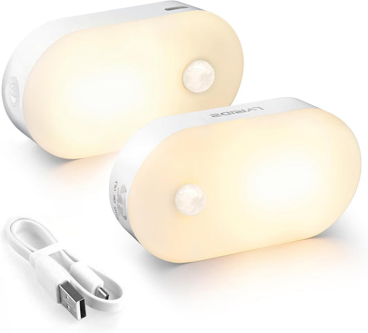 Rechargeable Battery Night Light with Motion Sensor, Portable Mini Warm White LED Stick-On Closet Light, Adjustable Brightness for Bathroom, Bedroom, Kitchen, Cabinet, Stairs, Hallway, 2-Pack