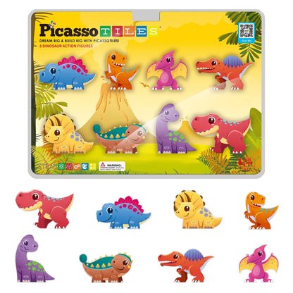 PICASSO-TILES Magnetic Tiles for Kids, Dinosaur Animal Theme Construction STEM Building Blocks Educational Toy, 8PCS