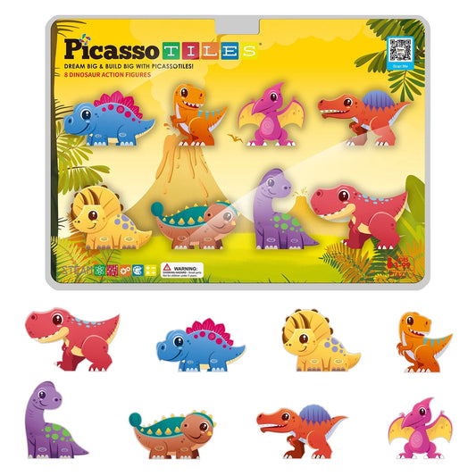 PICASSO-TILES Magnetic Tiles for Kids, Dinosaur Animal Theme Construction STEM Building Blocks Educational Toy, 8PCS