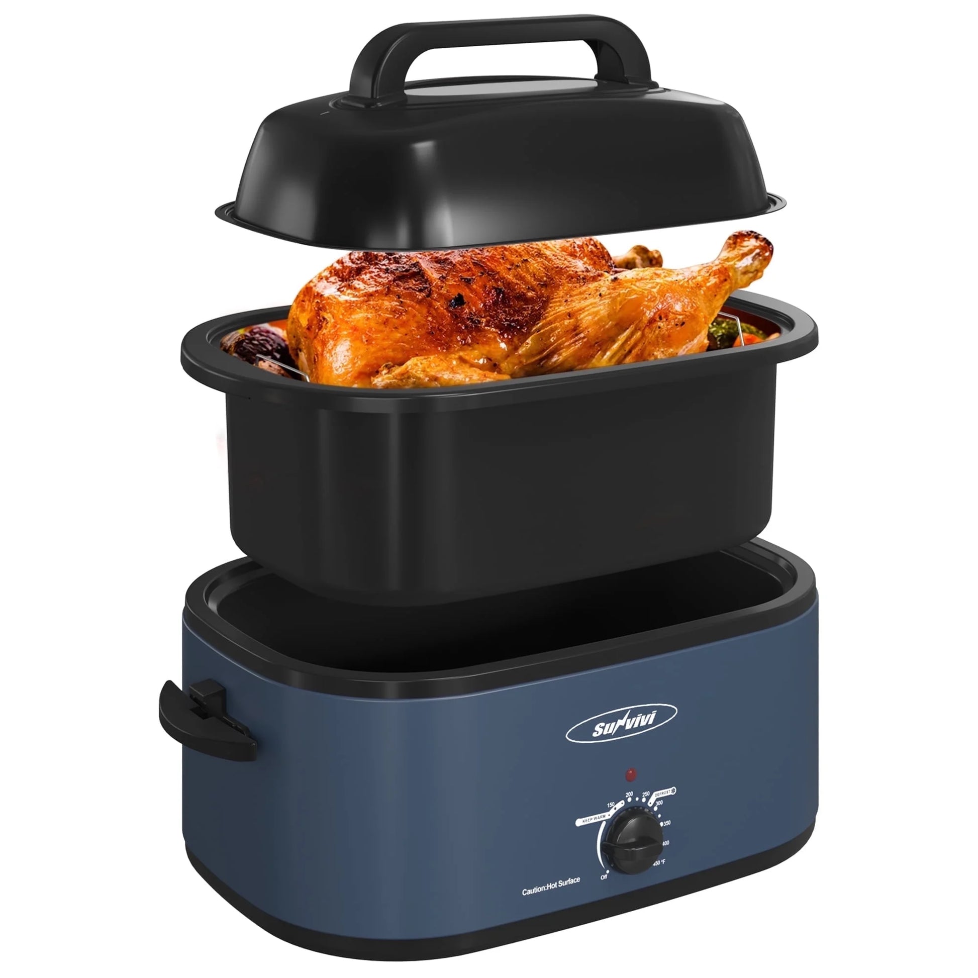 24 Quart Electric Turkey Roaster Oven with Visible Glass Lid,Removable Pan & Rack, Stainless Steel,Blue