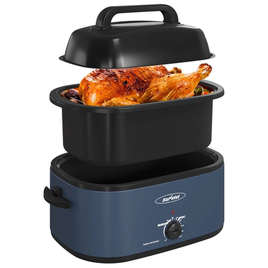 24 Quart Electric Turkey Roaster Oven with Visible Glass Lid,Removable Pan & Rack, Stainless Steel,Blue