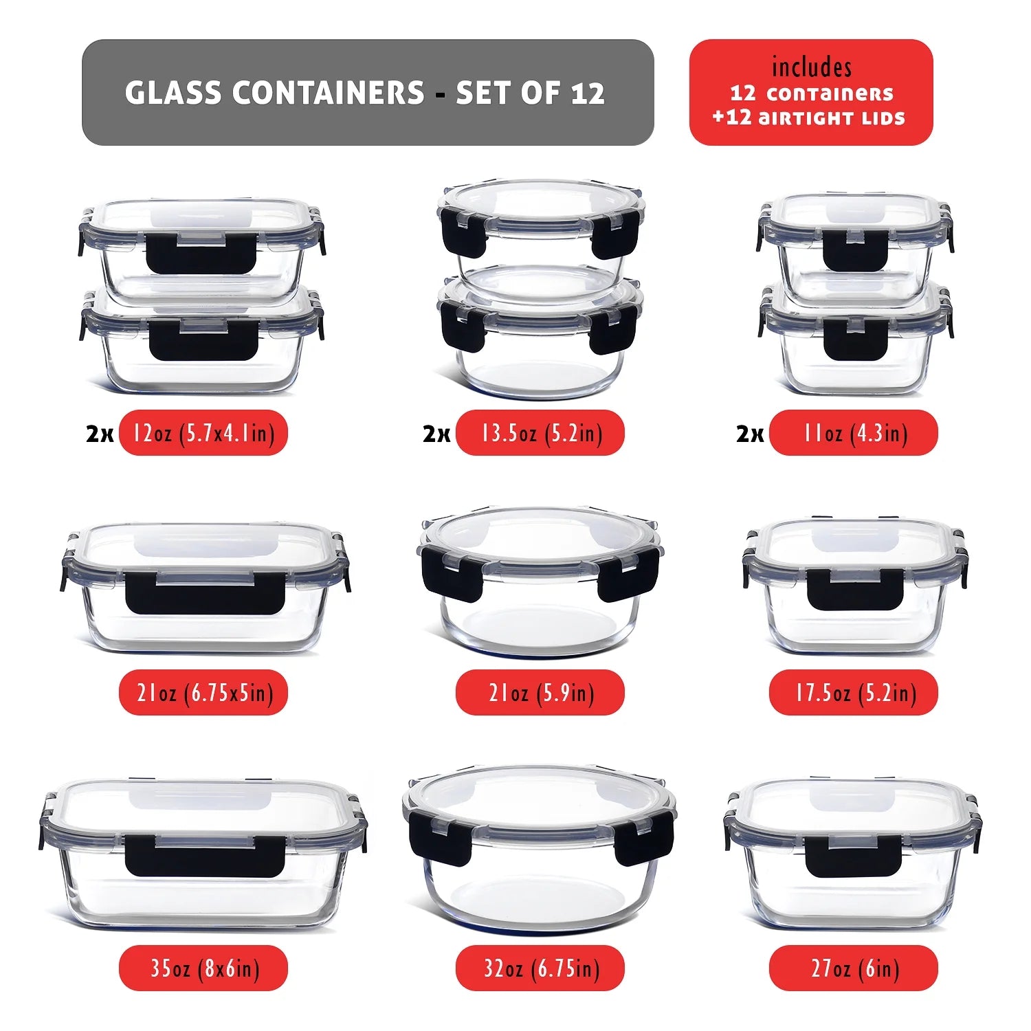 24Pc Glass Food Storage Containers with Lids, Airtight Glass Meal Prep Containers, Oven, Microwave & Freezer Safe Glass Storage Containers