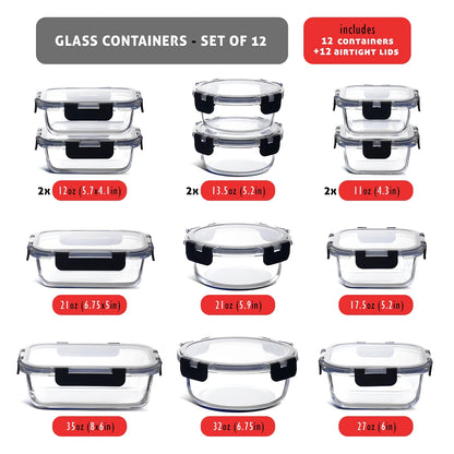 24Pc Glass Food Storage Containers with Lids, Airtight Glass Meal Prep Containers, Oven, Microwave & Freezer Safe Glass Storage Containers