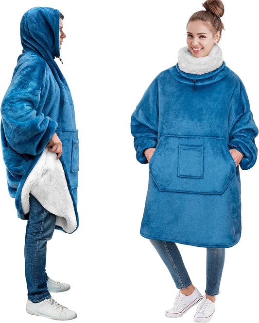Sherpa Wearable Blanket Hoodie Women Men, Oversized Hoodie Sweatshirt Blanket, Thick Sweater Blanket Neck Warmer, Fleece Hood Hug Sleep Pod Adult, Cozy Warm Plush Gift Idea Mom Wife, Teal Blue