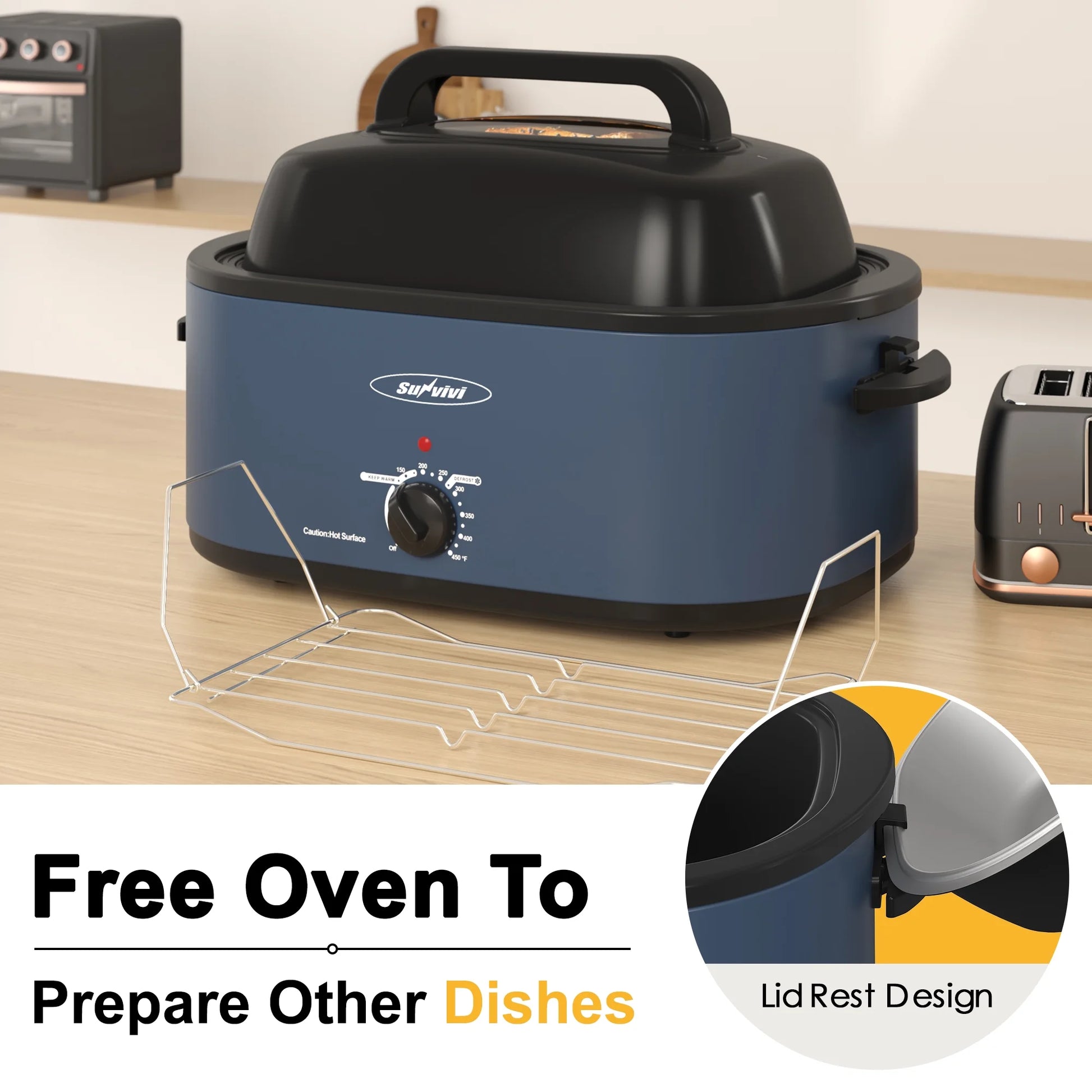24 Quart Electric Turkey Roaster Oven with Visible Glass Lid,Removable Pan & Rack, Stainless Steel,Blue