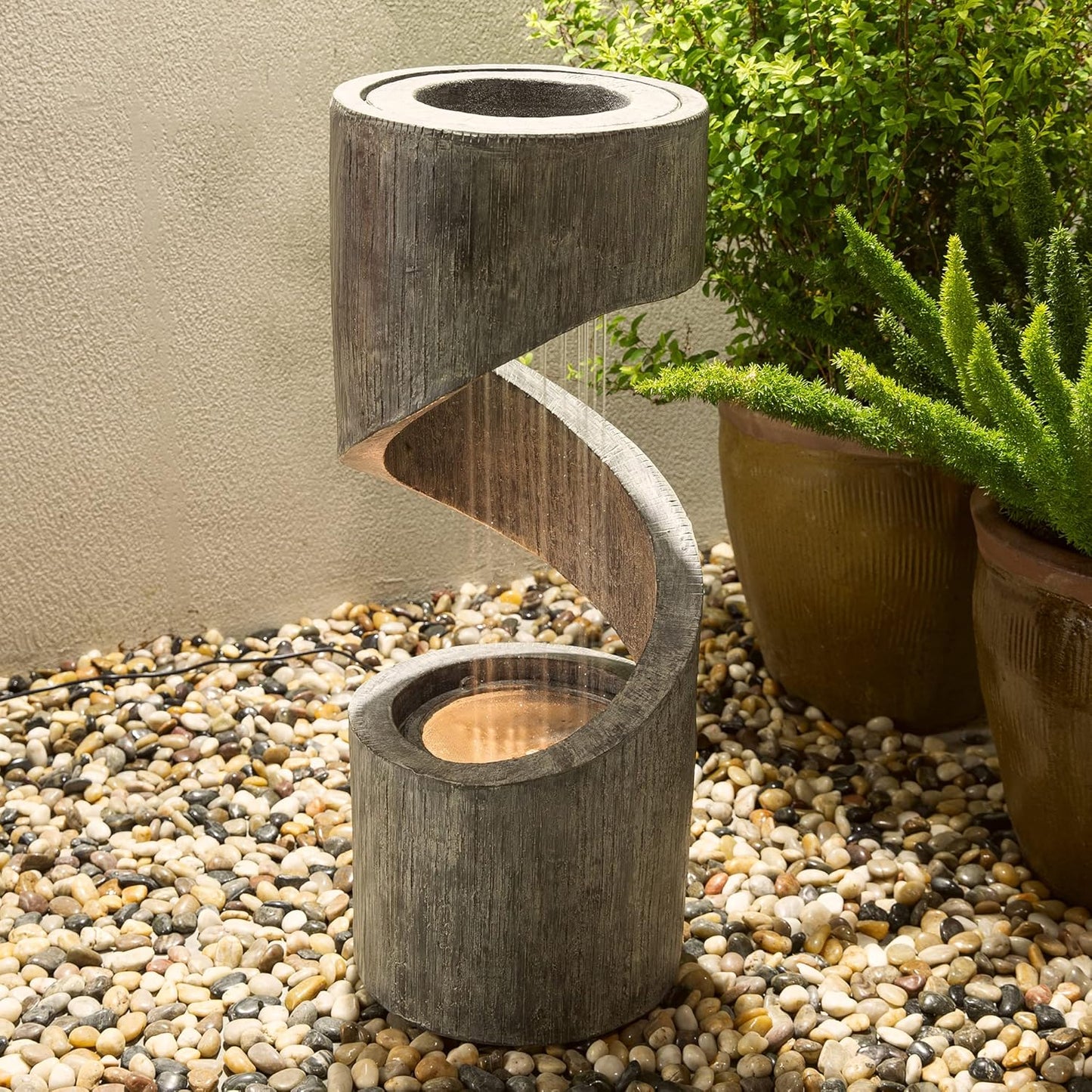 Tiered Outdoor Water Fountain with LED Light, Curved Outdoor Fountain Waterfall with Stone Planter, Freestanding Spiral Outdoor Garden Water Fountains, 31.3”H