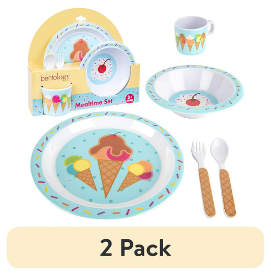 (2 Pack)  5 Pc Mealtime Baby Feeding Set for Kids and Toddlers - Includes Plate, Bowl, Cup, Fork and Spoon Utensil Flatware - Durable, Dishwasher Safe, BPA Free - Ice Cream