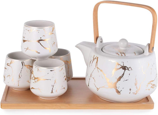 Modern Style Marble Design Porcelain Tea Set 42 Fl Oz Teapot with Handle and 4 Tea Cups on Wooden Tray Contemporary Tabletop Decor (White)