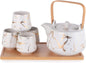 Modern Style Marble Design Porcelain Tea Set 42 Fl Oz Teapot with Handle and 4 Tea Cups on Wooden Tray Contemporary Tabletop Decor (White)