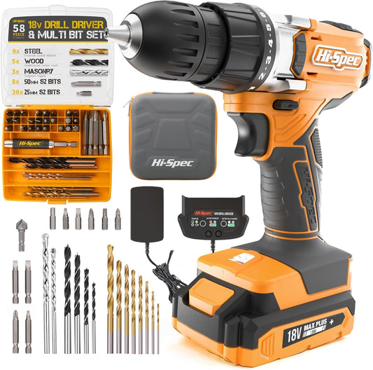 58Pc 18V Electric Cordless Power Drill Driver. Includes Rechargeable Battery, Power Screwdriver Bits, Wood, Metal, and Masonry Drill Bit Set Accessories. in a Compact Case