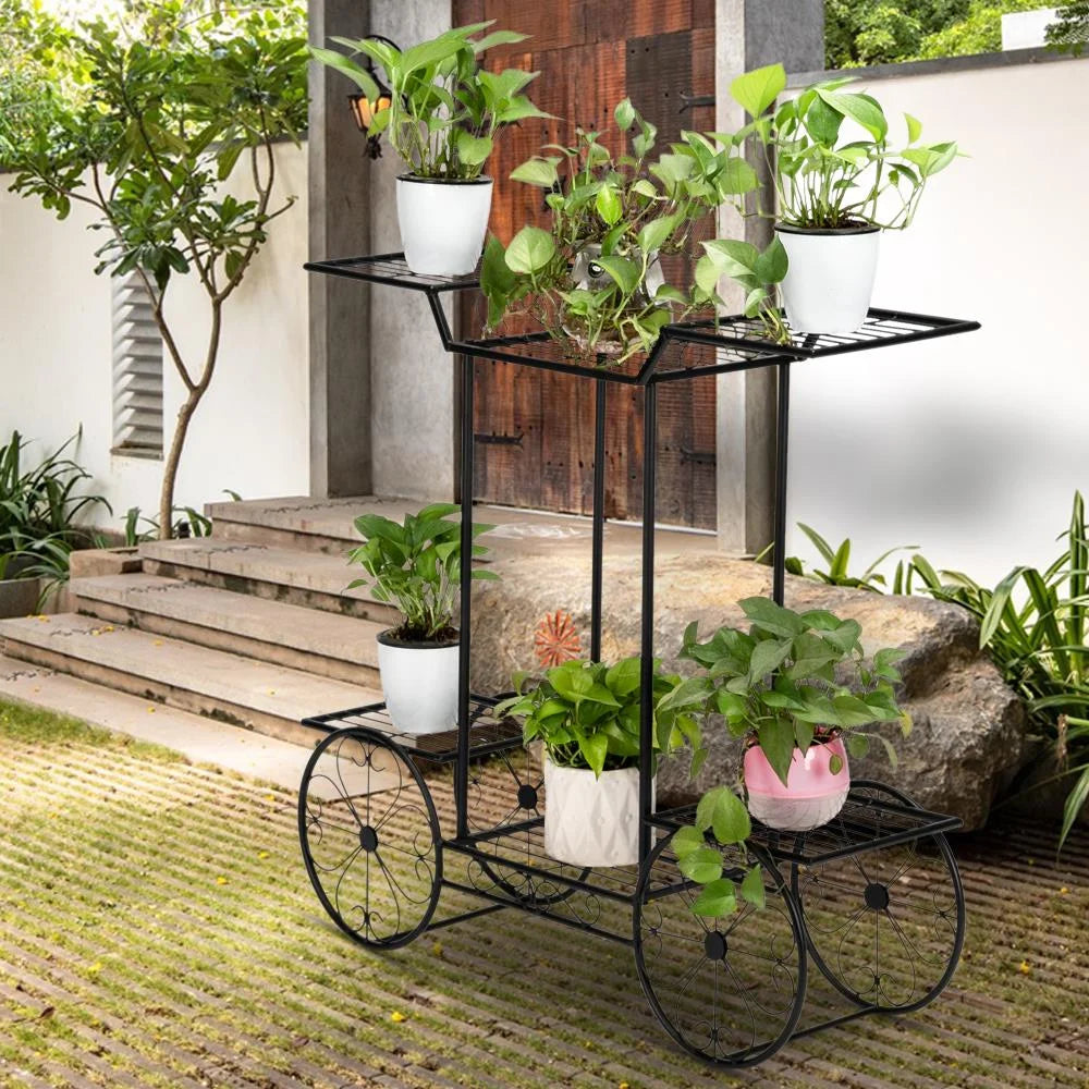 6-Tier Garden Cart Stand & Flower Pot Metal Plant Holder Display Rack, Black