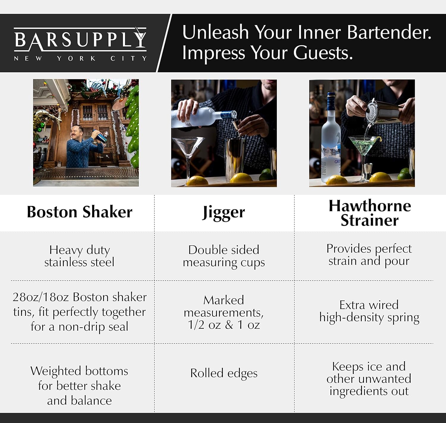 Professional Boston Cocktail Shaker Set | 4-Piece Bar Set | Stainless Steel 304 | 28Oz/18Oz Weighted Shaker Tins | Hawthorne Strainer | Double Sided Jigger | Recipe Booklet | Bartender Kit