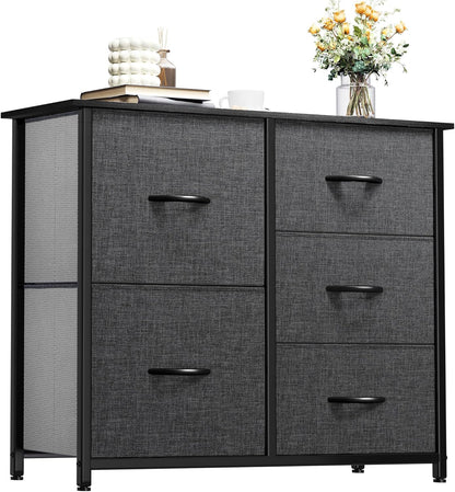 Dresser for Bedroom with 5 Drawers, Wide Bedroom Fabric Dresser with Storage Bins, Clothes Cabinet for Bedroom, Living Room, Hallway, Black Grey