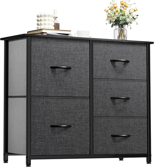 Dresser for Bedroom with 5 Drawers, Wide Bedroom Fabric Dresser with Storage Bins, Clothes Cabinet for Bedroom, Living Room, Hallway, Black Grey