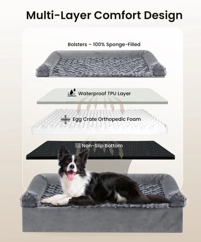 Orthopedic Dog Beds Medium Large Sized Dog, Waterproof Memory Foam Pet Bed with Sides, Non-Slip Bottom Pet Bed with Washable Removable Cover, Grey