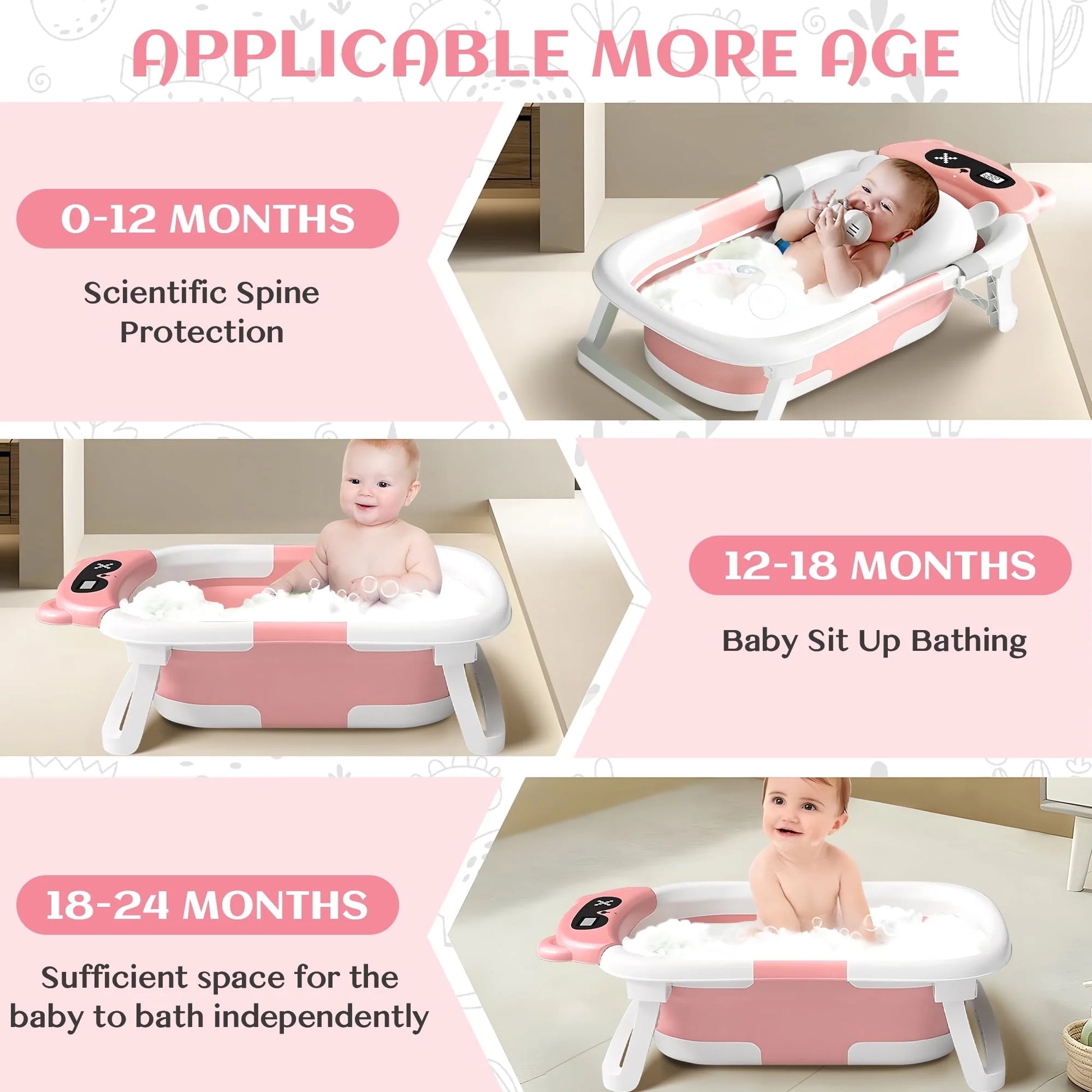 Collapsible Baby Bathtub for Newborn to Toddler 0-36 Months with Thermometer, Hooded Towel, Soft Cushion and Bath Toys, Portable Travel Baby Tub with Drain Hole, Pink