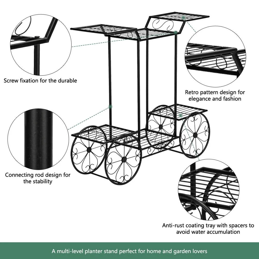 6-Tier Garden Cart Stand & Flower Pot Metal Plant Holder Display Rack, Black