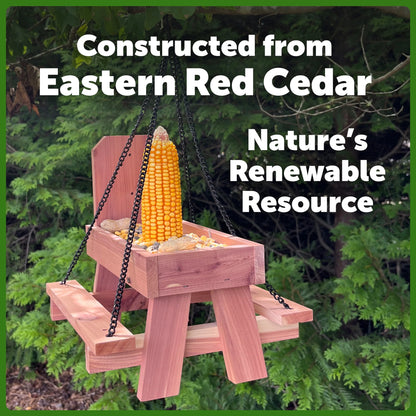 Red Cedar Picnic Table Squirrel Feeder, Holds Corn, Nuts and Seeds, 1 Table, 9"X10"X9"