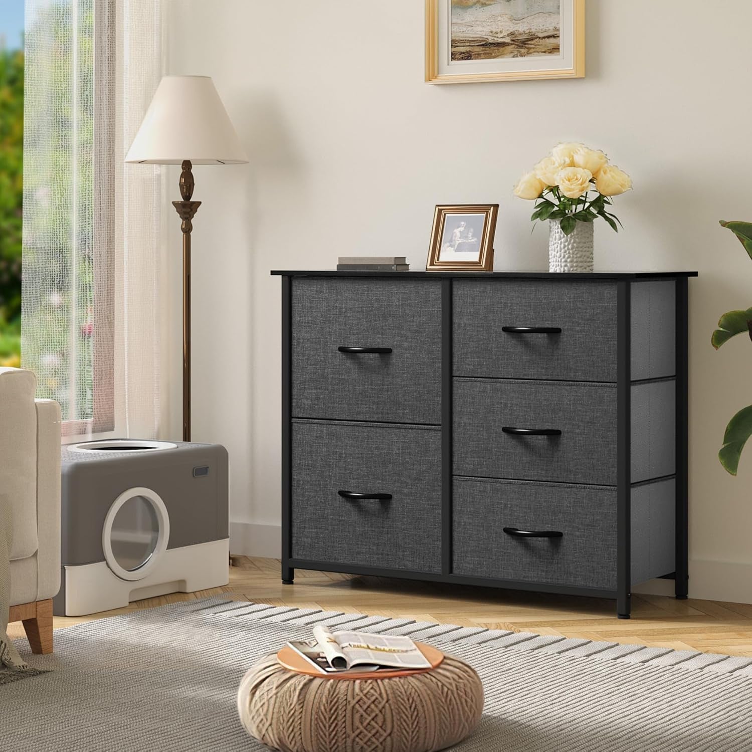 Dresser for Bedroom with 5 Drawers, Wide Bedroom Fabric Dresser with Storage Bins, Clothes Cabinet for Bedroom, Living Room, Hallway, Black Grey