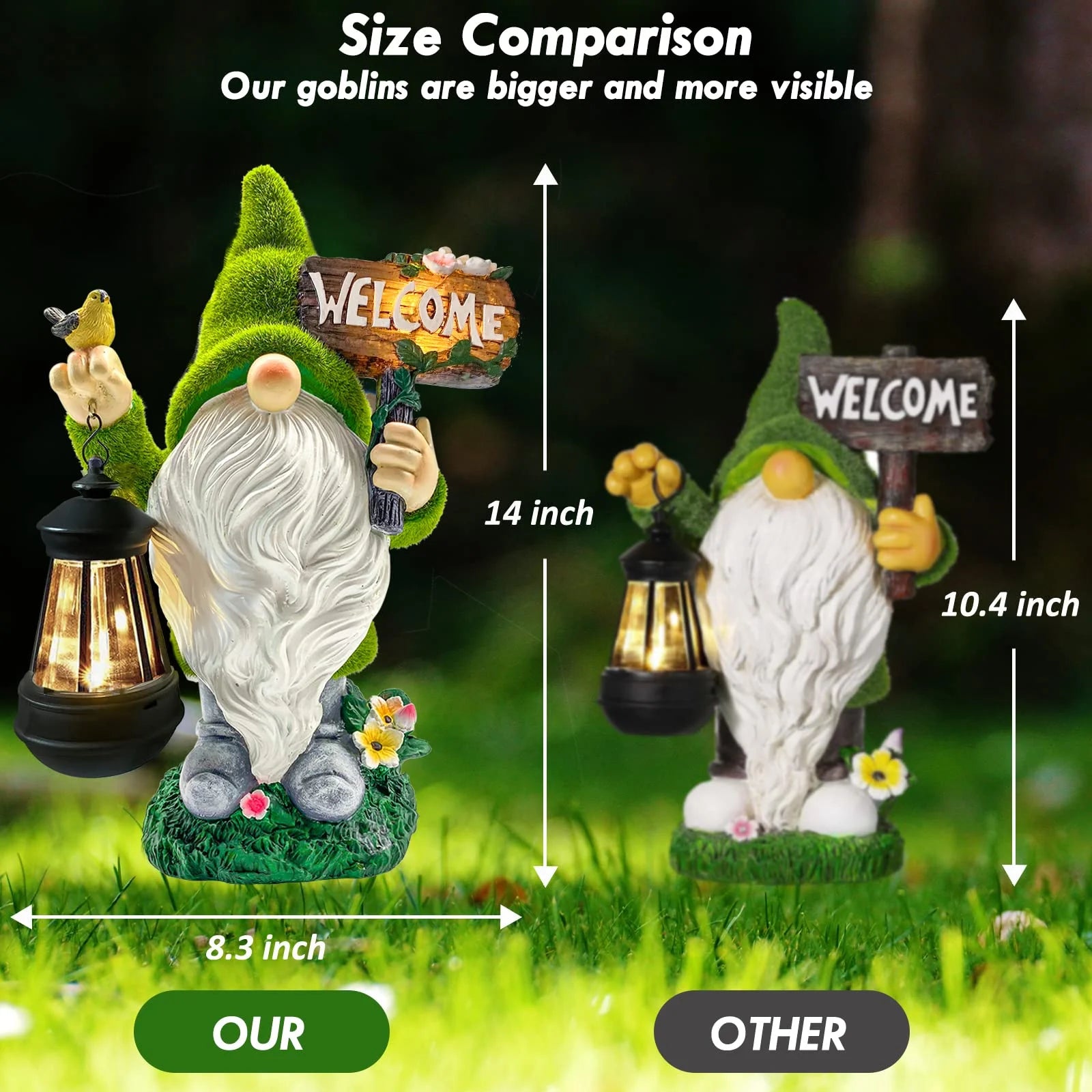Garden Gnome Statues 14 Inch Flocked Resin Gnome Figurine with Solar Lantern Welcome Sign for Garden Yard Lawn Decorations, Gifts for Housewarming/ Birthday