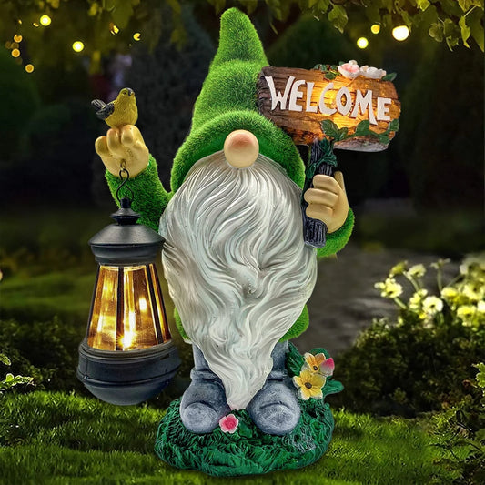 Garden Gnome Statues 14 Inch Flocked Resin Gnome Figurine with Solar Lantern Welcome Sign for Garden Yard Lawn Decorations, Gifts for Housewarming/ Birthday