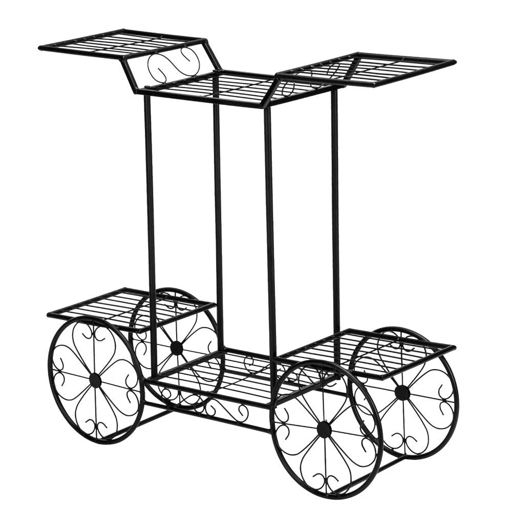 6-Tier Garden Cart Stand & Flower Pot Metal Plant Holder Display Rack, Black