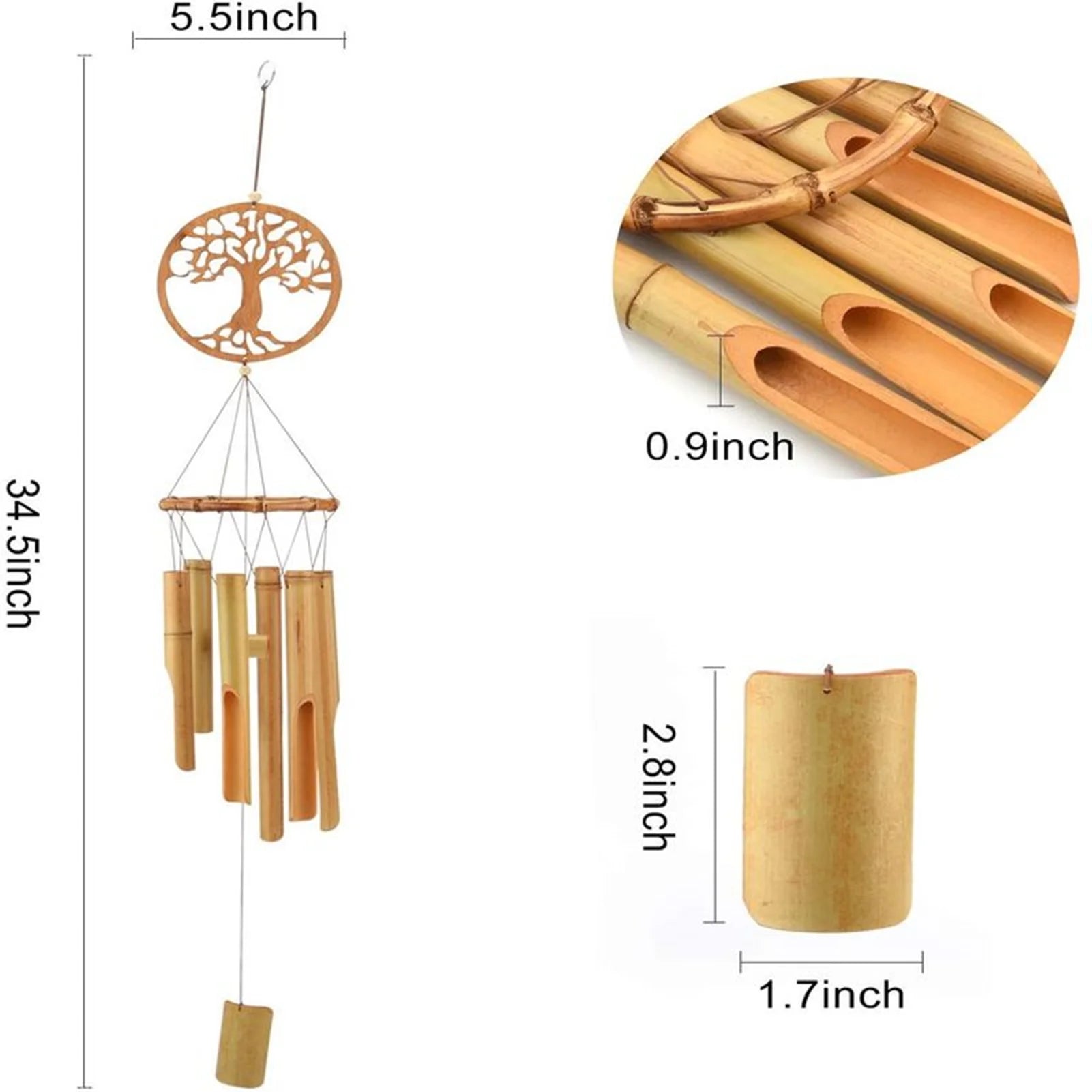 Bamboo Wind Chime, 34.5 Inch Handmade Wall Hanging Music Windchime with Deep Tone Clearance Gifts for Garden Indoor Outdoor