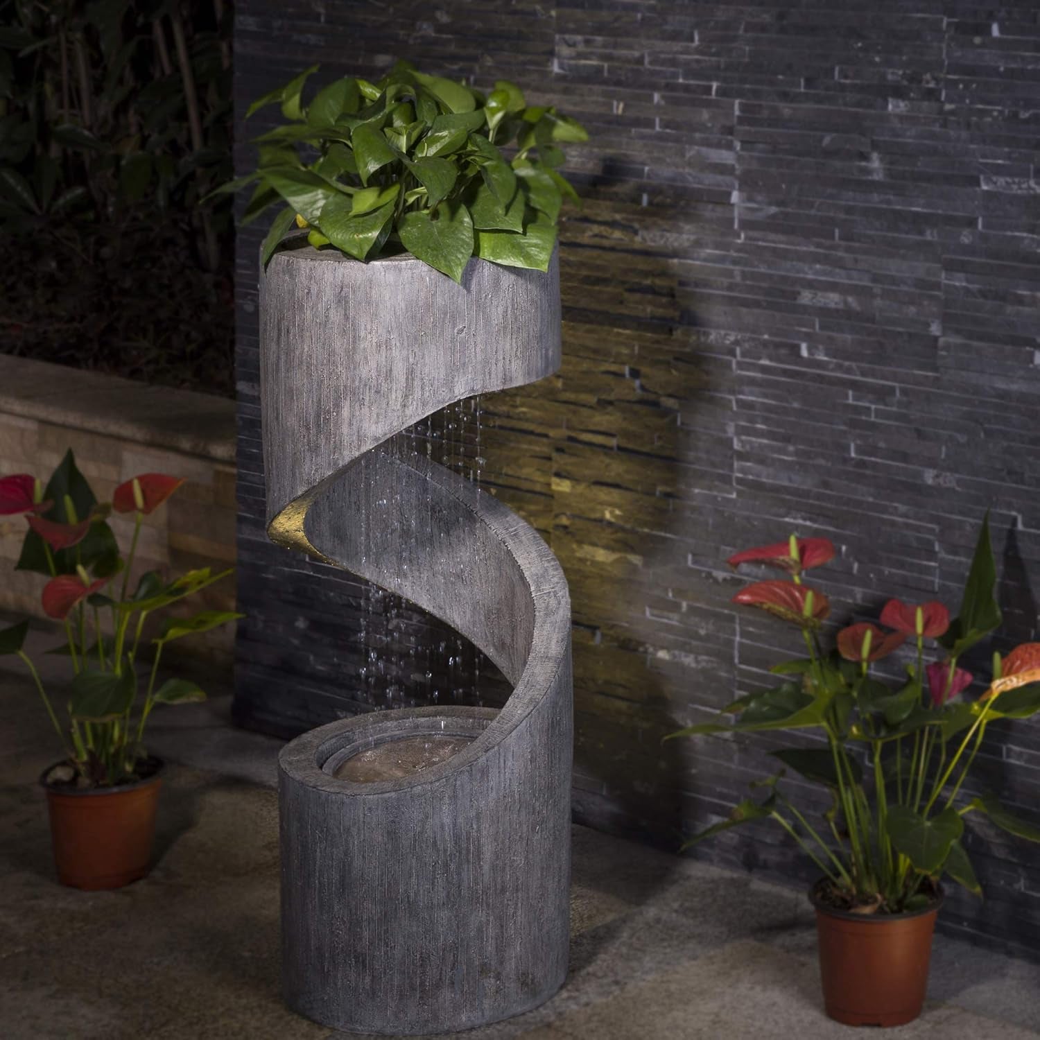 Tiered Outdoor Water Fountain with LED Light, Curved Outdoor Fountain Waterfall with Stone Planter, Freestanding Spiral Outdoor Garden Water Fountains, 31.3”H