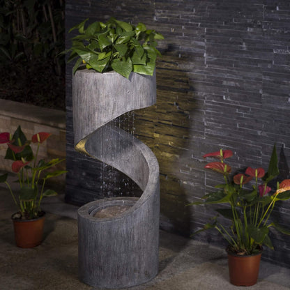 Tiered Outdoor Water Fountain with LED Light, Curved Outdoor Fountain Waterfall with Stone Planter, Freestanding Spiral Outdoor Garden Water Fountains, 31.3”H