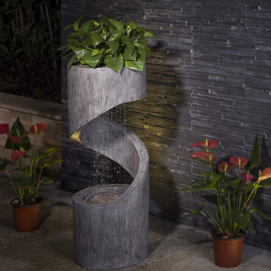 Tiered Outdoor Water Fountain with LED Light, Curved Outdoor Fountain Waterfall with Stone Planter, Freestanding Spiral Outdoor Garden Water Fountains, 31.3”H