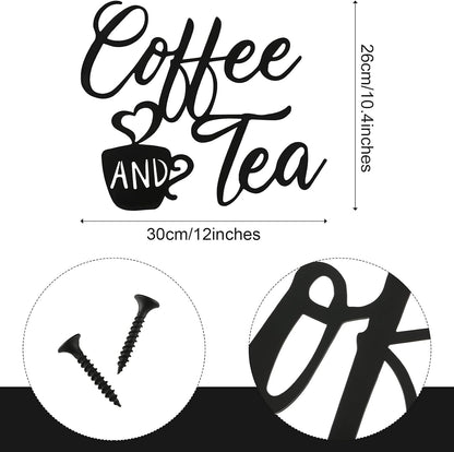 Coffee Sign Metal Hanging Wall Art 12 X 10.2 Inch Black Wall Decor Cafe Bar Letter Sign for Cafe Farmhouse Kitchen(Coffee and Tea)