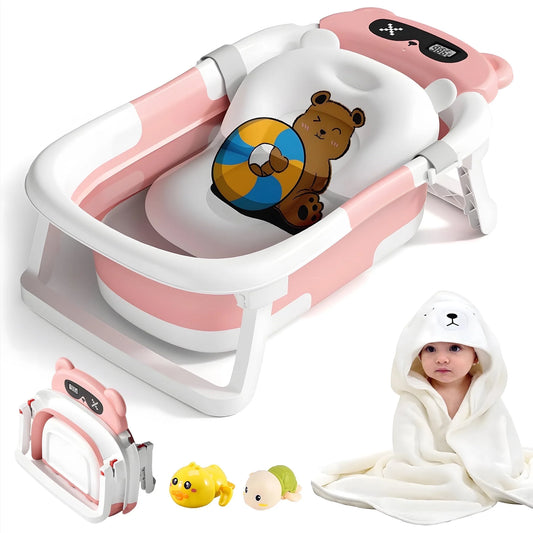 Collapsible Baby Bathtub for Newborn to Toddler 0-36 Months with Thermometer, Hooded Towel, Soft Cushion and Bath Toys, Portable Travel Baby Tub with Drain Hole, Pink