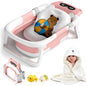 Collapsible Baby Bathtub for Newborn to Toddler 0-36 Months with Thermometer, Hooded Towel, Soft Cushion and Bath Toys, Portable Travel Baby Tub with Drain Hole, Pink