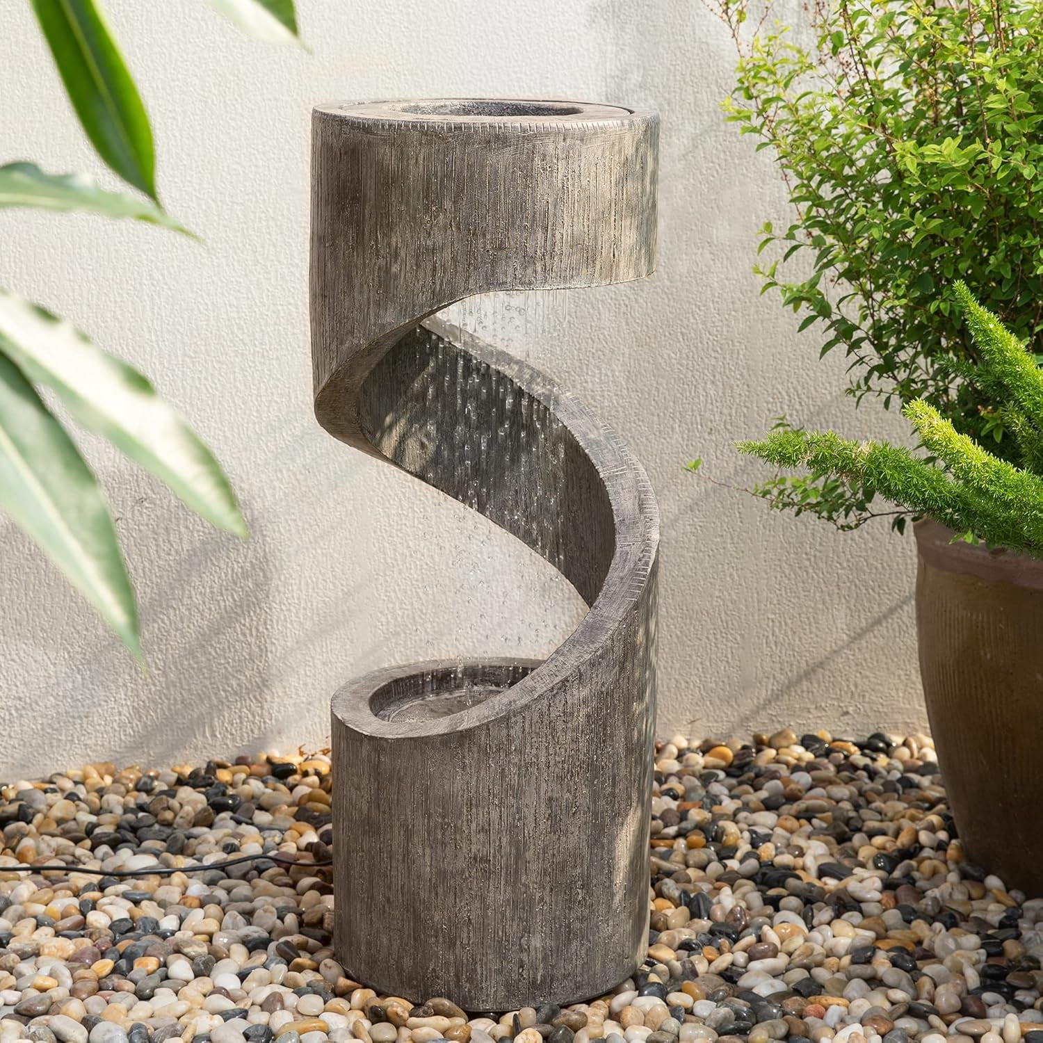 Tiered Outdoor Water Fountain with LED Light, Curved Outdoor Fountain Waterfall with Stone Planter, Freestanding Spiral Outdoor Garden Water Fountains, 31.3”H