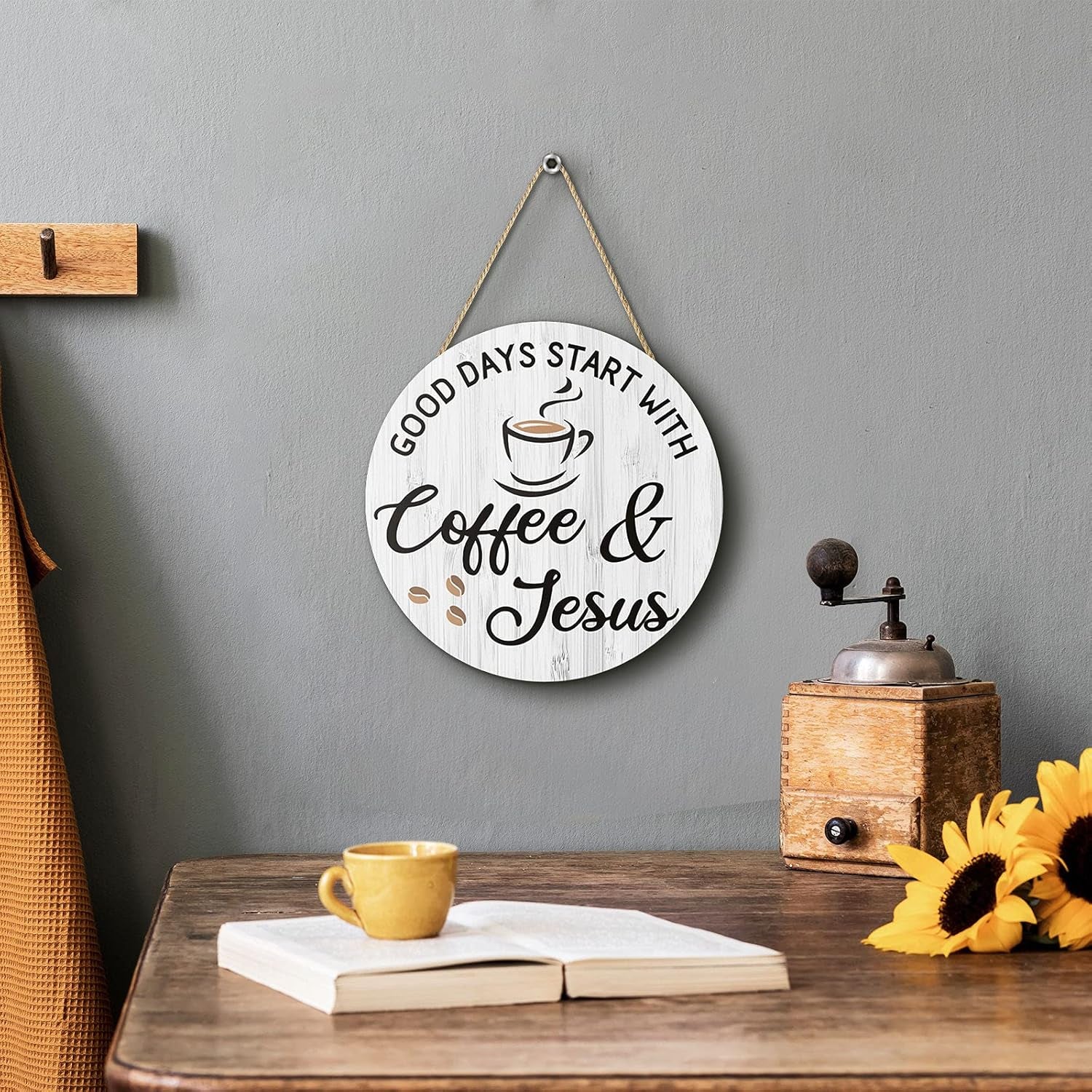 Coffee Bar Decor Cafe Accessories, Coffee and Jesus Signs for Cafe Decor, 12'' X 12'' (White Good Days Start with Jesus)