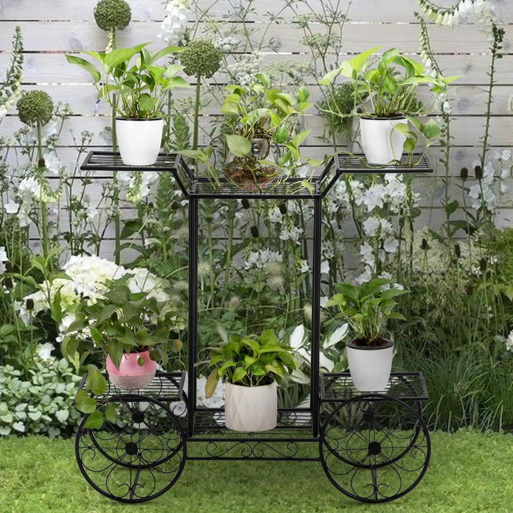 6-Tier Garden Cart Stand & Flower Pot Metal Plant Holder Display Rack, Black