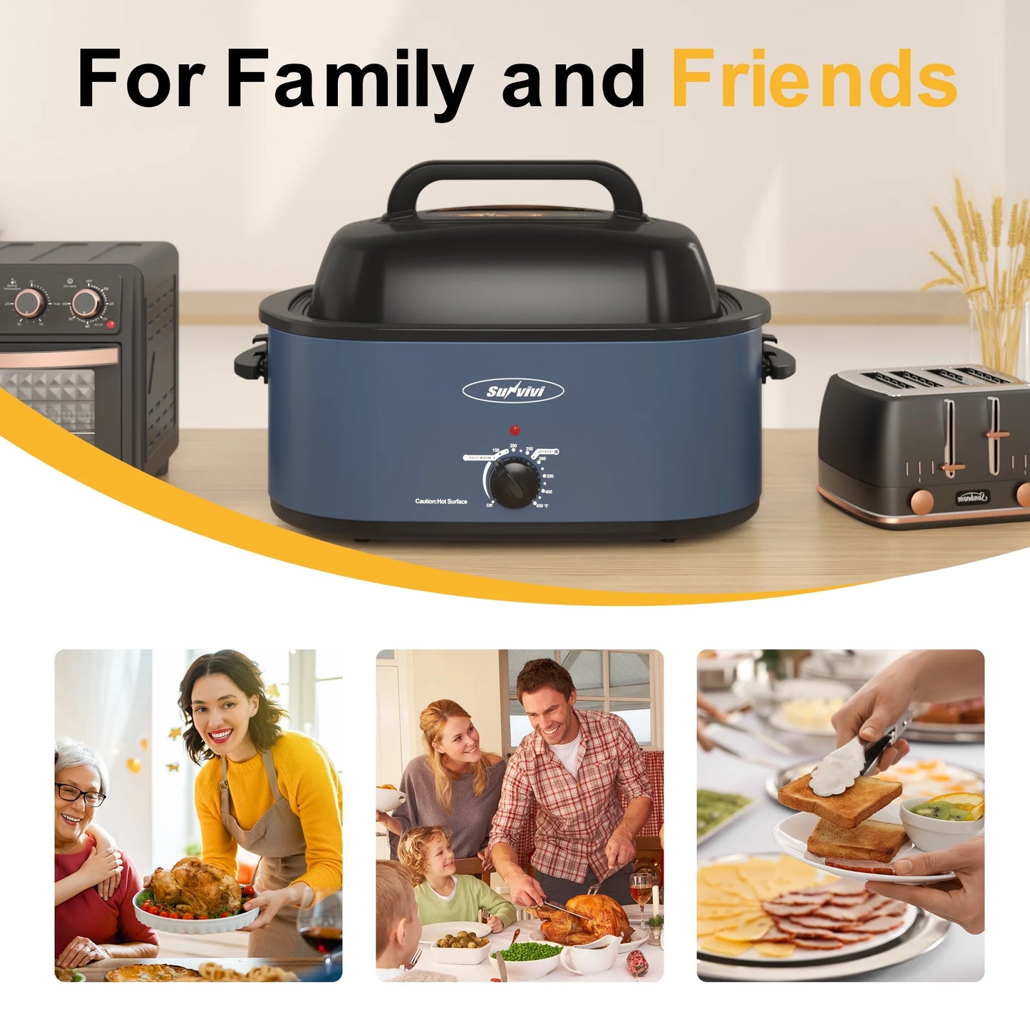 24 Quart Electric Turkey Roaster Oven with Visible Glass Lid,Removable Pan & Rack, Stainless Steel,Blue