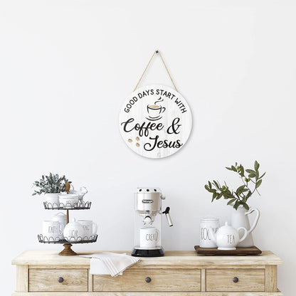 Coffee Bar Decor Cafe Accessories, Coffee and Jesus Signs for Cafe Decor, 12'' X 12'' (White Good Days Start with Jesus)