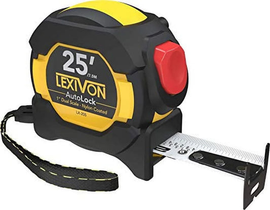 25Ft/7.5M Autolock Tape Measure | 1-Inch Wide Blade with Nylon Coating, Matte Finish White & Yellow Dual Sided Rule Print | Ft/Inch/Fractions/Metric (LX-205)