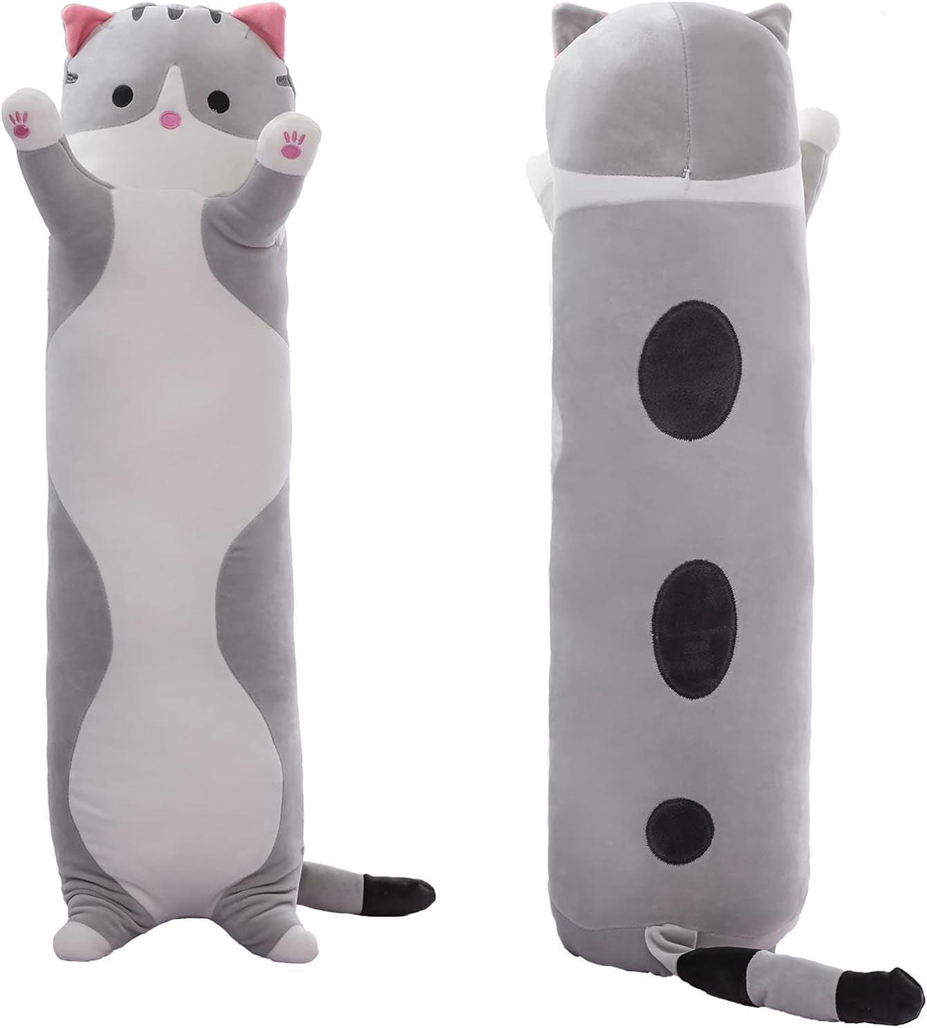 Cute Cat Plush Long Body Pillow – Soft Cartoon Stuffed Animal Doll, Kawaii Cat Plushie Cuddle Toy Gift for Kids, Girls & Girlfriend (Gray, 19.7 Inch)