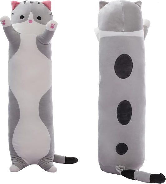 Cute Cat Plush Long Body Pillow – Soft Cartoon Stuffed Animal Doll, Kawaii Cat Plushie Cuddle Toy Gift for Kids, Girls & Girlfriend (Gray, 19.7 Inch)