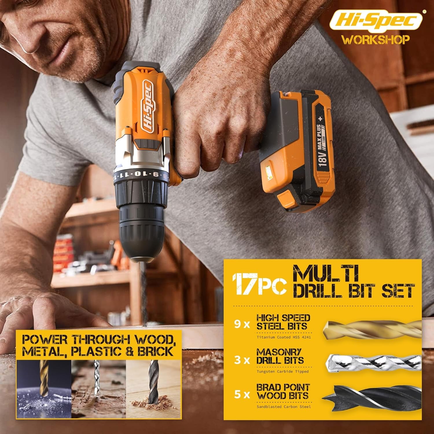 58Pc 18V Electric Cordless Power Drill Driver. Includes Rechargeable Battery, Power Screwdriver Bits, Wood, Metal, and Masonry Drill Bit Set Accessories. in a Compact Case