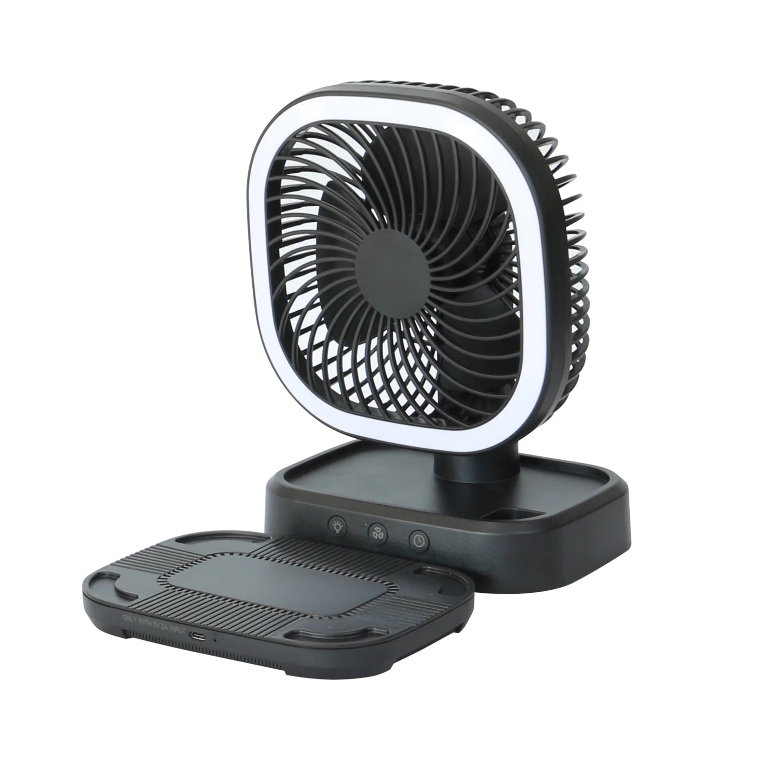 New Rechargeable Personal USB Fan with Wireless Charging Pad and Led Lighting Black