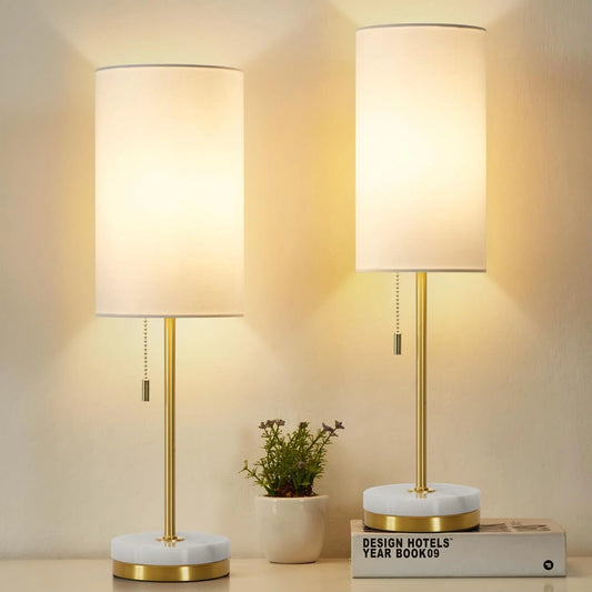 Minimalist Table Lamp Set of 2, Nightstand Lamp for Bedroom Living Room, Modern Pull Chain Bedside Lamp with Marble Base, Fabric Shade, Small Desk Lamp for Home, Office, Reading